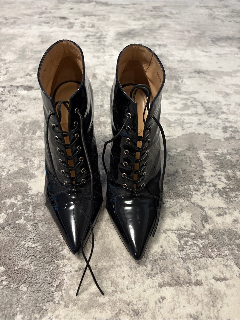 Gianvito Rossi Black Patent Lace-Up Pointed Ankle Boots